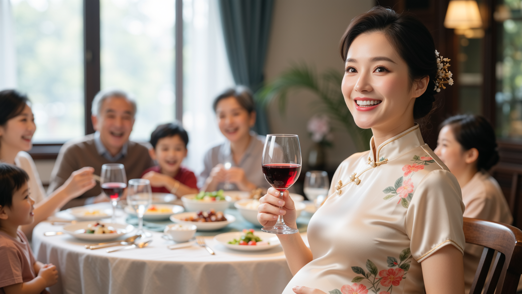 餐桌上为家人盛菜的一幕